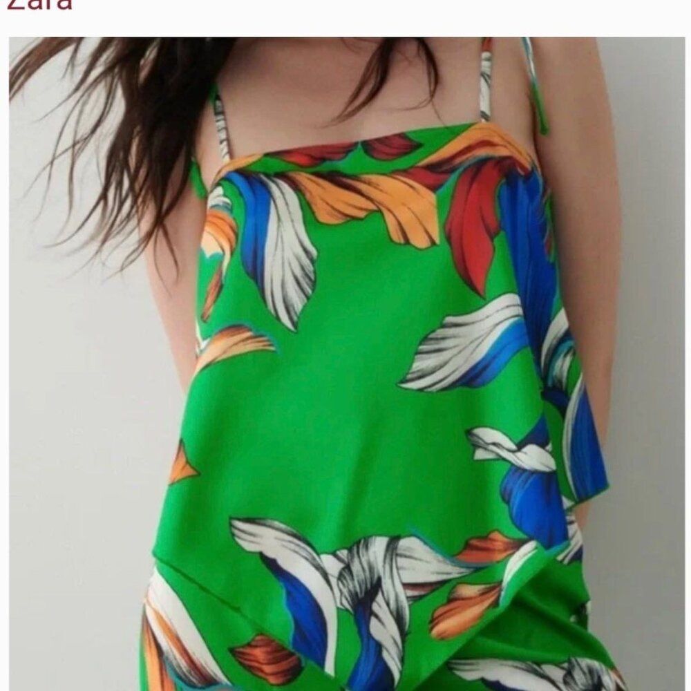 Zara Tropical Floral Sleeveless Tie Strap Tank Top Green Women's M Summer Brunch